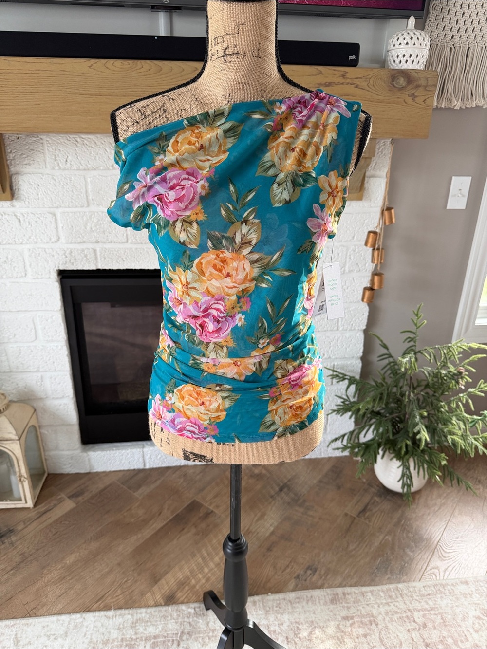 Guess Teal Floral Off Shoulder Blouse